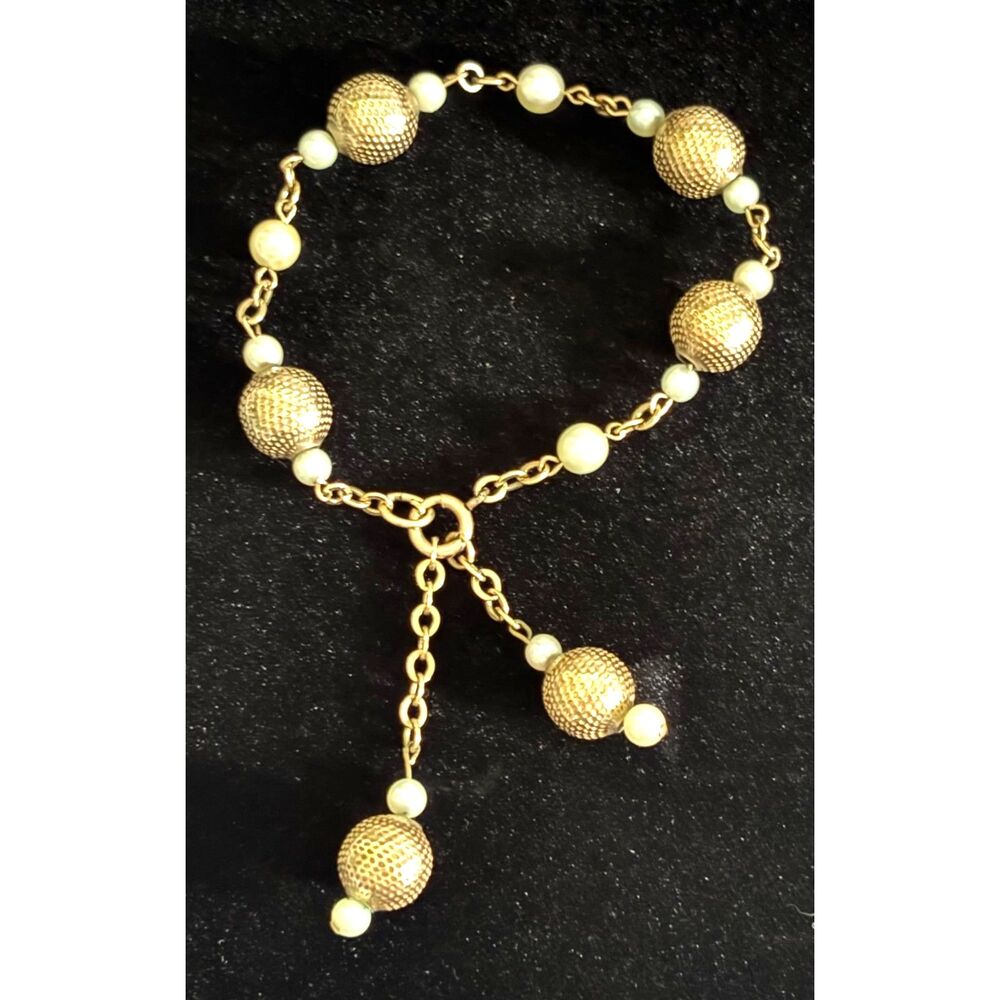 Vintage Gold Filled Pearl Bracelet Textured Beads Adjustable Estate Jewelry